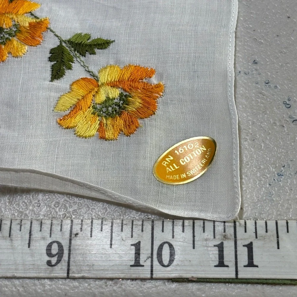 Handkerchief White Cotton Floral Embroidery Orange Yellow NWT from Switzerland
